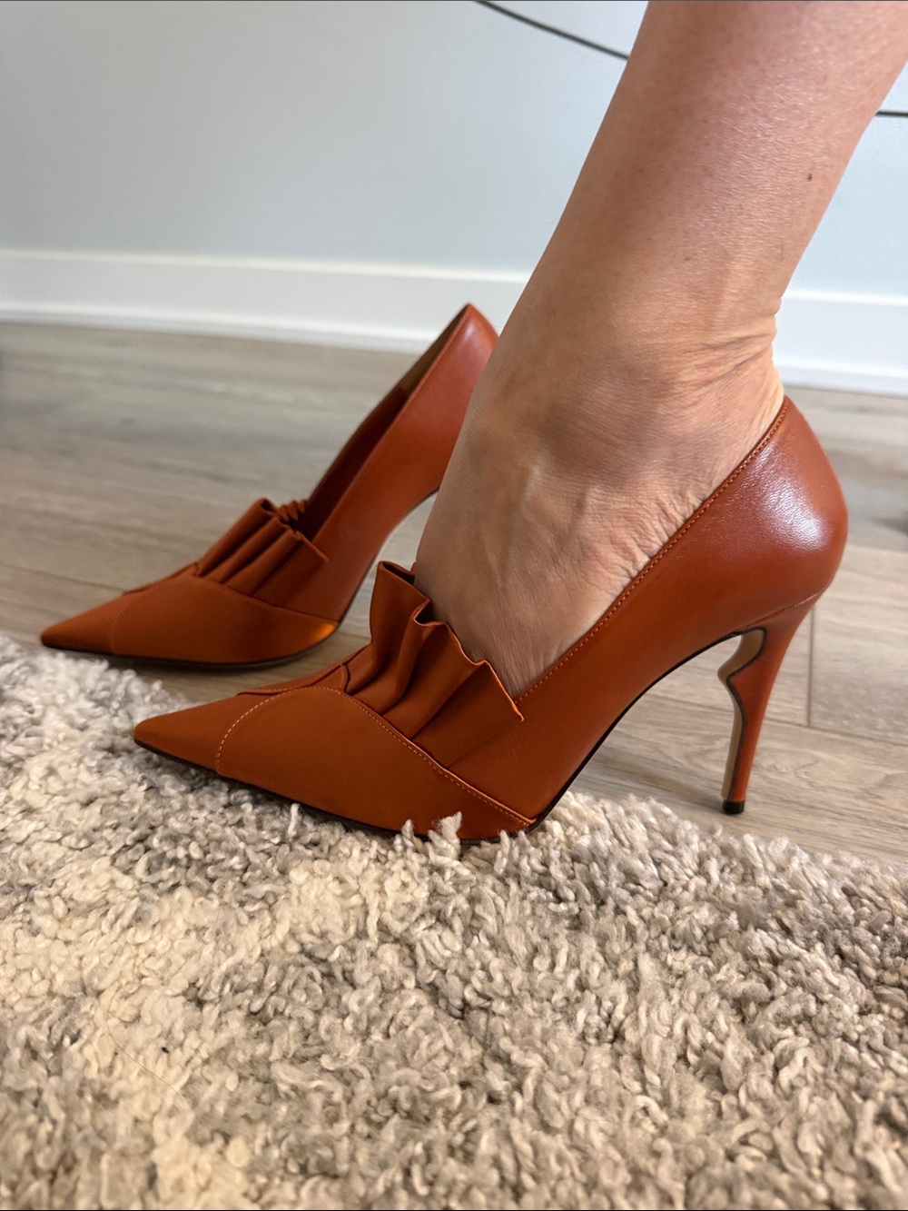 Ruffle-Trim Pointed Toe Pump in Rust